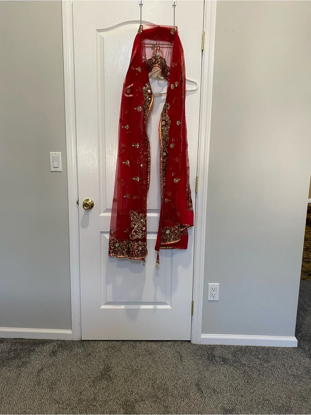Bridal Red Embellished Sheer Scarf with Gold Accents